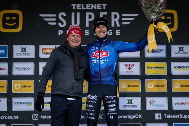 Erik Van Looy and Belgian Niels Vandeputte pictured on the podium after the men elite race at the cyclocross cycling event in Gullegem on Saturday 03 January 2026, stage 7 8 in the Superprestige cyclocross cycling competition DAVIDxPINTENS  x153304004x
