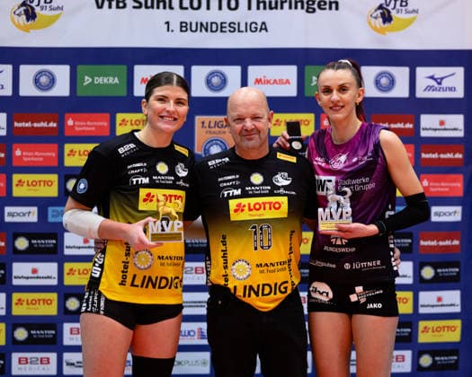 Isabel, Kovacic Diagonal, Schwarz Weiss Erfurt, 11 , McKenzie, Foley Outside Attack, VfB Suhl LOTTO Thueringen, 8 will be awarded after the match GER, VfB Suhl LOTTO Thueringen vs Schwarz Weiss Erfurt, Women, Volleyball, Bundesliga, Spielnr 2084, 03 01 2026 GER, VfB Suhl LOTTO Thueringen vs Schwarz Weiss Erfurt, Women, Volleyball, Bundesliga, Spielnr 2084, 03 01 2026 Eisenach Copyright: xEibner-Pressefoto MartinxHerbstx EP_MHT