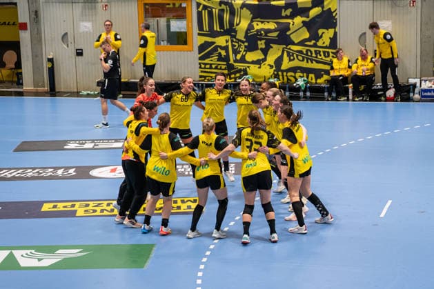 Borussia Dortmund GER vs HSG Blomberg Lippe GER , Handball, 1 Handball Bundesliga Women, 11 Matchday, 3 1 2026, Season 2025 2026, Dortmund The players of Borussia Dortmund GER are happy about the victory 31 26 Dortmund Sporthalle Wellinghofen Germany
