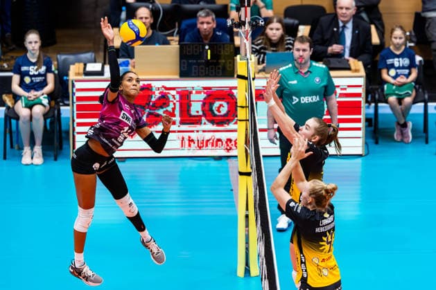 03 01 2026, GER, Volleyball, Women, 1 BL, Main Round, Season 25 26, VfB 91 Suhl Lotto Thueringen Schwarz Weiss Erfurt Alianza Darley Schwarz Weiss Erfurt 99817 Eisenach Werner Assmann Halle Am Sportp Thüringen Germany
