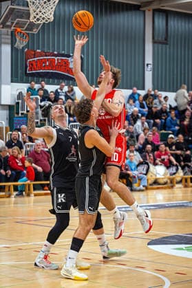 03 01 2026, xovx, Basketball 1 Regionalliga Südwest, Lich Basketball TSG Söflingen v l Marko Markovic TSG Söflingen , Julijo Kendes TSG Söflingen , Gregor Gümbel Lich Basketball Lich Dietrich Bonhoeffer Halle Hessen Germany EN