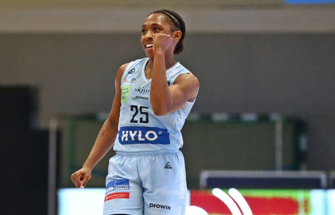 DBBL Cup quarter-finals, 03 01 2026, Sporthalle West in Dillingen Saarland , Saarlouis Royals vs Herne TC 67 54 emspor v l n r Martha Ann Burse Saarlouis celebrates a basket during the game MT