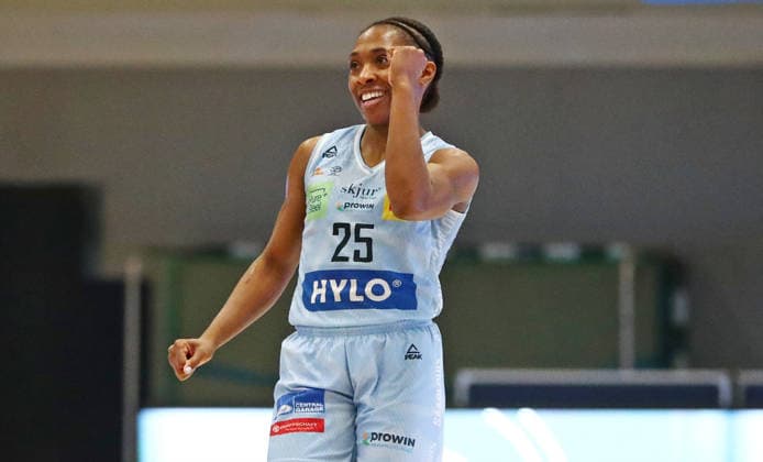 DBBL Cup quarter-finals, 03 01 2026, Sporthalle West in Dillingen Saarland , Saarlouis Royals vs Herne TC 67 54 emspor v l n r Martha Ann Burse Saarlouis celebrates a basket during the game MT