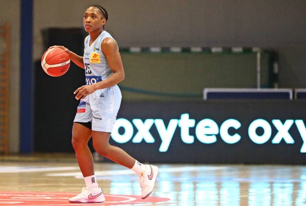 DBBL Cup quarter-finals, 03 01 2026, Sporthalle West in Dillingen Saarland , Saarlouis Royals vs Herne TC 67 54 emspor v l n r Martha Ann Burse Saarlouis celebrates a basket during the game MT