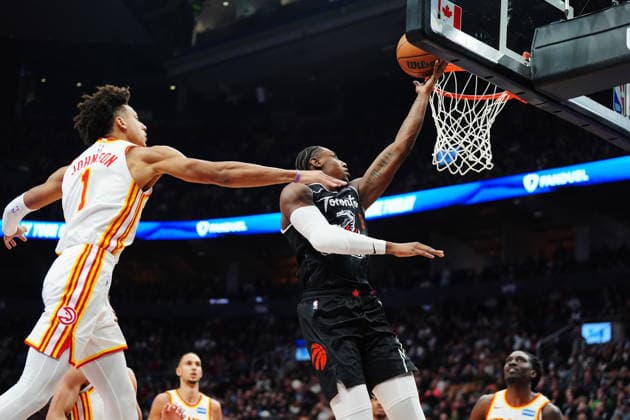January 3, 2026, Toronto, On, Canada: Toronto Raptors RJ Barrett (9) scores past Atlanta Hawks Jalen Johnson (1) during first half NBA, Basketball Herren, USA basketball action in Toronto on Saturday, Jan. 3, 2026. Canada News - January 3, 2026  - ZUMAc35_ 20260103_zaf_c35_082 Copyright: xFrankxGunnx