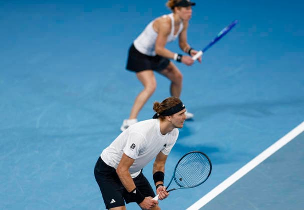 TENNIS UNITED CUP SYDNEY, Alexander Zverev of team Germany playing with Laura Siegemund of team Gemany prepares for a shot in their Group F doubles match against Demi Schuurs of Team Netherlands and Tallon Griekspoor of Team Netherlands during day three of the 2026 United Cup at Ken Rosewall Arena in Sydney, Sunday, January 4, 2026. ( NO ARCHIVING, EDITORIAL USE ONLY SYDNEY NEW SOUTH WALES AUSTRALIA  Copyright: xMARKxEVANSx 20260104137726090107