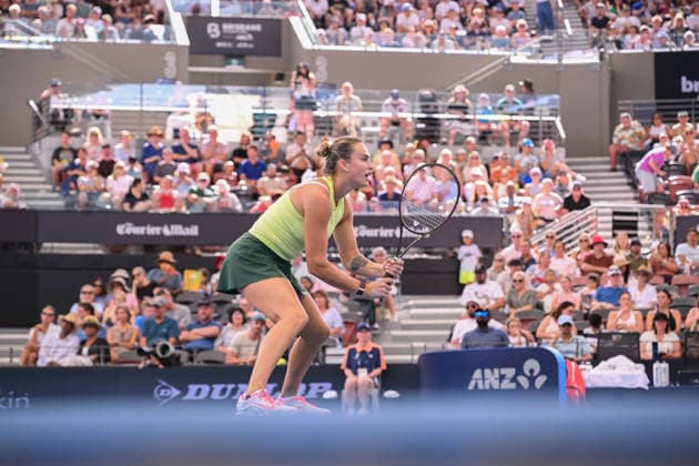 TENNIS BRISBANE INTERNATIONAL, Aryna Sabalenka in action during day 1 of the Brisbane International tennis tournament at Pat Rafter Arena in Brisbane, Sunday, January 4, 2026. ( NO ARCHIVING, EDITORIAL USE ONLY BRISBANE QUEENSLAND AUSTRALIA  Copyright: xZAINxMOHAMMEDx 20260104127266558929