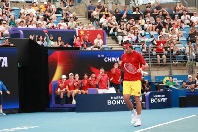 SYDNEY, AUSTRALIA - JANUARY 03: Zhang Zhizhen of Team China celebrates a point in the Group B Men s Singles match against Zizou Bergs of Team Belgium on day 2 of the 2026 United Cup at Ken Rosewall Arena on January 3, 2026 in Sydney, Australia.  Copyright: xChinaxNewsxServicex 111613099226