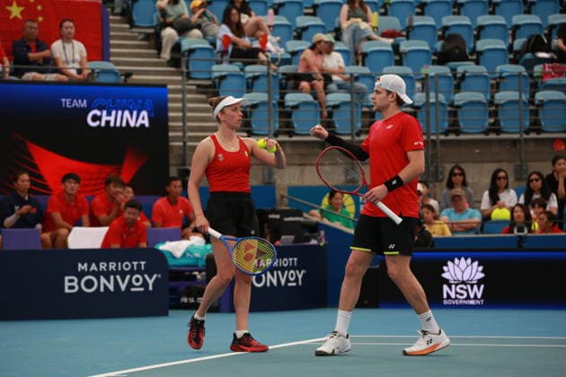 SYDNEY, AUSTRALIA - JANUARY 03: Elise Mertens and Zizou Bergs of Team Belgium in action in the Group B Mixed Doubles match against Zhang Zhizhen and Zhu Lin of Team China on day 2 of the 2026 United Cup at Ken Rosewall Arena on January 3, 2026 in Sydney, Australia.  Copyright: xChinaxNewsxServicex 111613099232