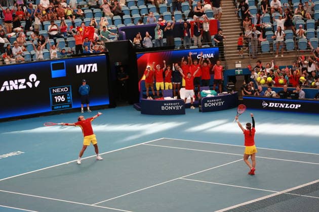 SYDNEY, AUSTRALIA - JANUARY 03: Zhang Zhizhen and Zhu Lin of Team China celebrate after winning the Group B Mixed Doubles match against Elise Mertens and Zizou Bergs of Team Belgium on day 2 of the 2026 United Cup at Ken Rosewall Arena on January 3, 2026 in Sydney, Australia.  Copyright: xChinaxNewsxServicex 111613099240