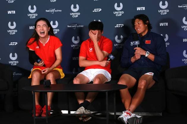 SYDNEY, AUSTRALIA - JANUARY 03: Zhang Zhizhen (R1) and Zhu Lin (L1) of Team China in action attend a press conference, PK, Pressekonferenz after winning the the Group B match against Elise Mertens and Zizou Bergs of Team Belgium on day 2 of the 2026 United Cup at Ken Rosewall Arena on January 3, 2026 in Sydney, Australia.  Copyright: xChinaxNewsxServicex 111613099250