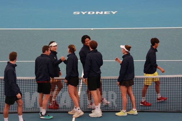 SYDNEY, AUSTRALIA - JANUARY 03: Zhang Zhizhen and Zhu Lin of Team China shake hands with Elise Mertens and Zizou Bergs of Team Belgium prior to the Group B match between Team China and Team Belgium on day 2 of the 2026 United Cup at Ken Rosewall Arena on January 3, 2026 in Sydney, Australia.  Copyright: xChinaxNewsxServicex 111613099217