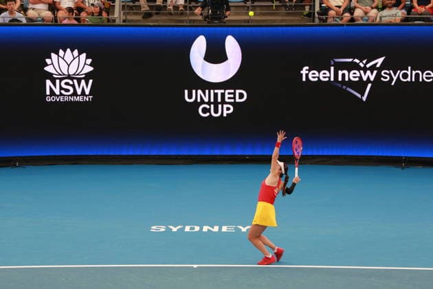 SYDNEY, AUSTRALIA - JANUARY 03: Zhu Lin of Team China returns a shot in the Group B Women s Singles match against Elise Mertens of Team Belgium on day 2 of the 2026 United Cup at Ken Rosewall Arena on January 3, 2026 in Sydney, Australia.  Copyright: xChinaxNewsxServicex 111613099222