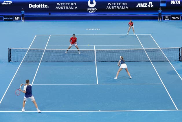TENNIS UNITED CUP PERTH, Nao Hibino and Yasutaka Uchiyama of Japan in action against Olivia Nicholls and Neal Skupski of Great Britain during the United Cup day three doubles match between Great Britain and Japan at RAC Arena in Perth, Sunday, January 4, 2026. ( NO ARCHIVING, EDITORIAL USE ONLY PERTH WESTERN AUSTRALIA AUSTRALIA  Copyright: xRICHARDxWAINWRIGHTx 20260104184867024605