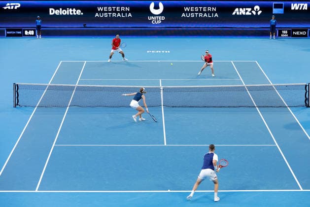 TENNIS UNITED CUP PERTH, Nao Hibino and Yasutaka Uchiyama of Japan in action against Olivia Nicholls and Neal Skupski of Great Britain during the United Cup day three doubles match between Great Britain and Japan at RAC Arena in Perth, Sunday, January 4, 2026. ( NO ARCHIVING, EDITORIAL USE ONLY PERTH WESTERN AUSTRALIA AUSTRALIA  Copyright: xRICHARDxWAINWRIGHTx 20260104137176251163