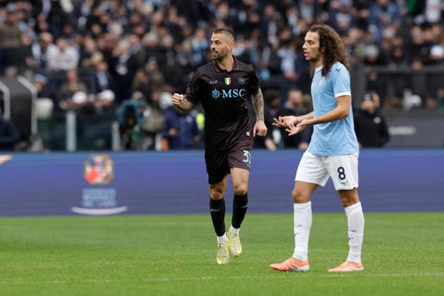 Serie A football match SS Lazio vs SSC Napoli Napoli s Italian defender Leonardo Spinazzola celebrates after scoring a goal during the Serie A football match SS Lazio vs SSC Napoli at Olimpico Stadium on Gunnery 04, 2026, in Rome. _BPH3861 Copyright: xAntonioxBalascox