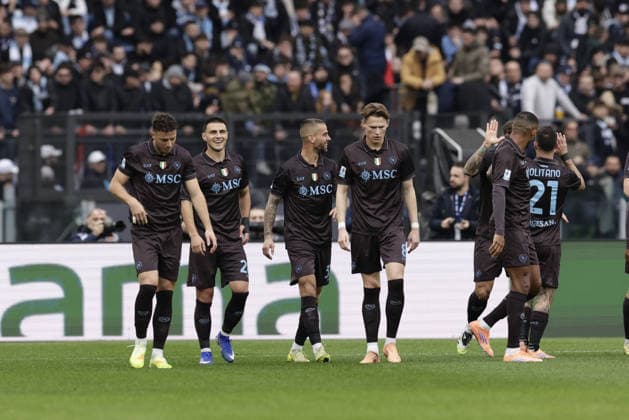 CALCIO - Serie A - SS Lazio vs SSC Napoli Napoli s Italian defender Leonardo Spinazzola celebrates after scoring a goal during the Serie A football match SS Lazio vs SSC Napoli at Olimpico Stadium on Gunnery 04, 2026, in Rome. Rome Italy  Copyright: xIPAxSport ABACAx
