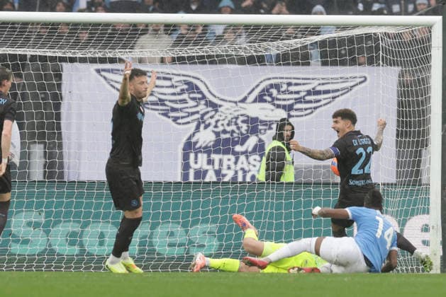 Serie A football match SS Lazio vs SSC Napoli Napoli s Kosovar defender Amir Rrahmani celebrates after scoring a goal of 2-0 during the Serie A football match SS Lazio vs SSC Napoli at Olimpico Stadium on Gunnery 04, 2026, in Rome. _BPH4085 Copyright: xAntonioxBalascox