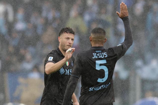 Serie A football match SS Lazio vs SSC Napoli Napoli s Kosovar defender Amir Rrahmani celebrates after scoring a goal of 2-0 during the Serie A football match SS Lazio vs SSC Napoli at Olimpico Stadium on Gunnery 04, 2026, in Rome. _BPH4414 Copyright: xAntonioxBalascox