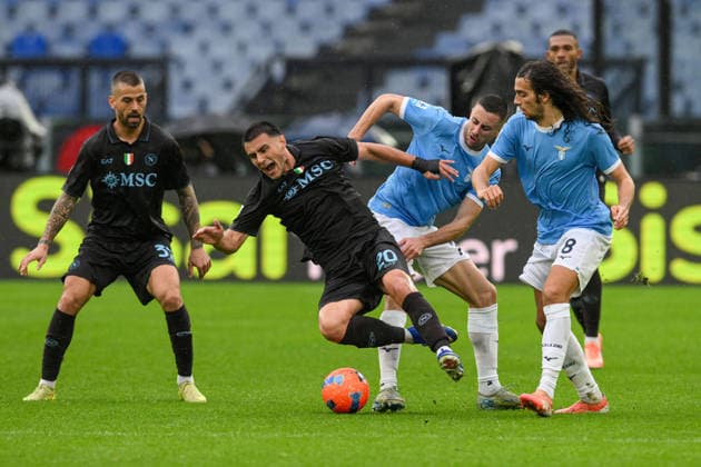 Eljif Elmas of SSC Napoli under pressure from Adam Marusic of SS Lazio and Matteo Guendouzi of SS Lazio during the match of 18th day of the Serie A Championship between S.S.Lazio and S.S.C. Napoli at the Olimpico Stadium on Jan 4, 2025 in Rome, Italy. during SS Lazio vs SSC Napoli, Italian soccer Serie A match in Rome, Italy, January 04 2026  Copyright: xRobertoxRamaccia IPAxSportx xipa-agency.netx xx IPA_69675611 IPA_Agency_IPA69675611