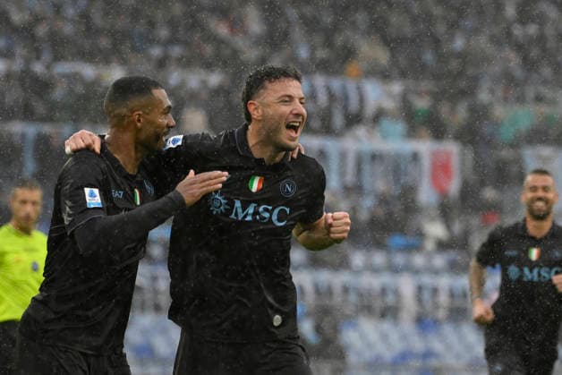 Napoli™s Amir Rrahmani celebrates after scoring the goal 0-2 during the Serie A Enilive soccer match between SS Lazio and SSC Napoli at the Rome s Olympic stadium, Italy - Sunday, January 04, 2026. - Soccer.  Copyright: xFabrizioxCorradetti LaPressex