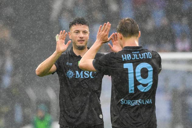 Napoli™s Amir Rrahmani celebrates after scoring the goal 0-2 during the Serie A Enilive soccer match between SS Lazio and SSC Napoli at the Rome s Olympic stadium, Italy - Sunday, January 04, 2026. - Soccer.  Copyright: xFabrizioxCorradetti LaPressex