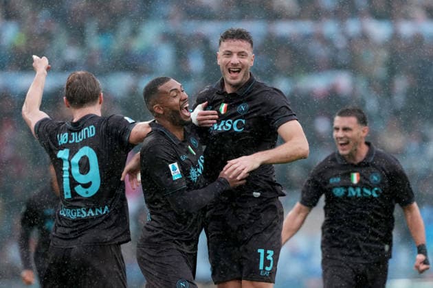 Amir Rrahmani of SSC Napoli celebrates with Rasmus Hojlund and Juan Jesus after scoring the goal of 0-2 during the Serie A 2025 2026 football match between SS Lazio and SSC Napoli at Stadio Olimpico in Rome (Italy), January 4, 2026. AntoniettaxBaldassarre