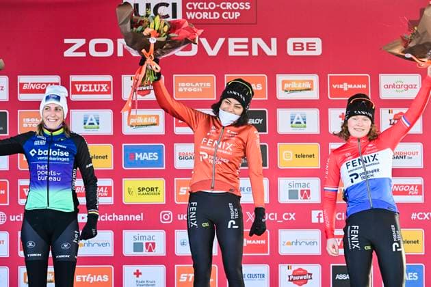 UCI Cyclocross World Cup 2025-2026 Zonhoven ZONHOVEN, BELGIUM - JANUARY 04 : Alvarado Ceylin Del Carmen (NED) of Alpecin-Deceuninck, Pieterse Puck (NED) of Fenix - Deceuninck, Brand Lucinda (NED) of Baloise Glowi Lions on the podium during the 9th leg of the Zonhoven UCI Cyclocross World Cup 2025-2026 a cyclocross race for Women Elite on January 4, 2026 in Zonhoven, Belgium, 04 01 2026 ( Zonhoven Belgium  Copyright: xPeterxDexVoechtx