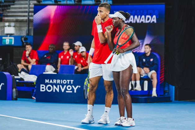 SYDNEY, AUSTRALIA - JANUARY 04: Victoria Mboko and Felix Auger Aliassime of Team Canada react in the Group B Mixed Doubles match against Victoria Mboko and Felix Auger Aliassime of Team Canada on day 3 of the 2026 United Cup at Ken Rosewall Arena on January 4, 2026 in Sydney, Australia.  Copyright: xVCGx 111613254130
