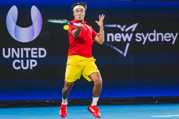 SYDNEY, AUSTRALIA - JANUARY 04: You Xiaodi (not in the picture) and Te Rigele of Team China returns a shot in the Group B Mixed Doubles match against Victoria Mboko and Felix Auger Aliassime of Team Canada on day 3 of the 2026 United Cup at Ken Rosewall Arena on January 4, 2026 in Sydney, Australia.  Copyright: xVCGx 111613254134
