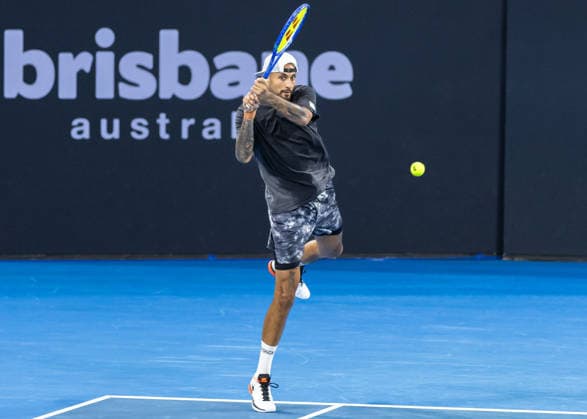 January 4, 2026, Brisbane, Qld, Australia: NICK KYRGIOS of Australia plays a backhand during his MenÃ¢â‚¬â ¢s doubles round one match with THANASI KOKKINAKIS of Australia against MATTHEW EBDEN and RAJEEV RAM at the Brisbane International. Brisbane Australia - ZUMAt173 20260104_zsp_t173_070 Copyright: xStephanexThomasx