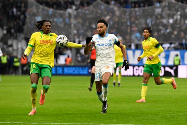 FOOTBALL : Olympique de Marseille VS FC Nantes - Ligue 1 McDonald s - 04 01 2026 Tylel Tati (FC Nantes) Pierre-Emerick Aubameyang (OM) - Ligue 1 McDonald™s match between Olympique de Marseille and Football Club de Nantes on January 04, 2026 at the Orange Velodrome Stadium in Marseille. MarseilleFrance  Copyright: xWilliamxCannarellax