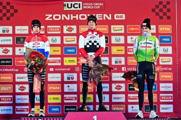 UCI Cyclocross World Cup 2025-2026 Zonhoven ZONHOVEN, BELGIUM - JANUARY 04 : Verstrynge Emiel (BEL) of Crelan - Corendon, Del Grosso Tibor (NED) of Alpecin-Deceuninck, Van Der Poel Mathieu (NED) of Alpecin-Deceuninck on the podium during the 9th leg of the Zonhoven UCI Cyclocross World Cup 2025-2026 a cyclocross race for Men Elite on January 4, 2026 in Zonhoven, Belgium, 04 01 2026 ( Zonhoven Belgium  Copyright: xPeterxDexVoechtx