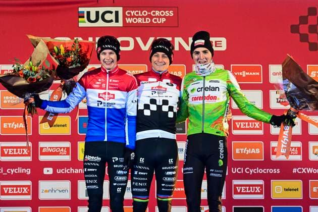 UCI Cyclocross World Cup 2025-2026 Zonhoven ZONHOVEN, BELGIUM - JANUARY 04 : Verstrynge Emiel (BEL) of Crelan - Corendon, Del Grosso Tibor (NED) of Alpecin-Deceuninck, Van Der Poel Mathieu (NED) of Alpecin-Deceuninck on the podium during the 9th leg of the Zonhoven UCI Cyclocross World Cup 2025-2026 a cyclocross race for Men Elite on January 4, 2026 in Zonhoven, Belgium, 04 01 2026 ( Zonhoven Belgium  Copyright: xPeterxDexVoechtx