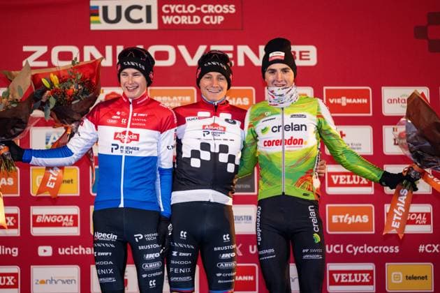 L-R, second Dutch Tibor Del Grosso, winner Dutch Mathieu Van Der Poel and third Belgian Emiel Verstrynge celebrate on the podium after the men s elite race at the World Cup cyclocross cycling event in Zonhoven on Sunday 04 January 2026, stage 9 (out of 12) of the UCI World Cup competition. DAVIDxPINTENS  x153523960x