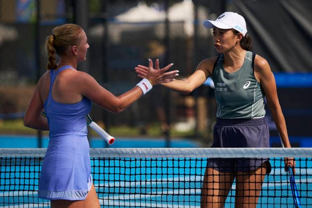 BRISBANE, AUSTRALIA - JANUARY 03: Zhang Shuai of China high five with Taylah Preston of Australia in the Women s Singles Qualifying second round match ahead of the 2026 Brisbane International at Pat Rafter Arena on January 3, 2026 in Brisbane, Australia.  Copyright: xVCGx 111613104627