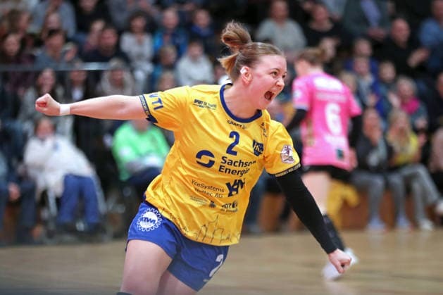 Handball, 2 Alsco HBF HC Leipzig Füchse Berlin 04 01 2026 Pauline Uhlmann 2, HC Leipzig celebrates a goal 2 Alsco Handball Bundesliga Frauen, HBF, Saison 2025 2026, 12 Spieltag HC Leipzig vs Füchse Berlin am 04 01 2026 in der Sporthalle Brüderstraße Leipzig Copyright: xBEAUTIFULxSPORTS JanxKaeferx