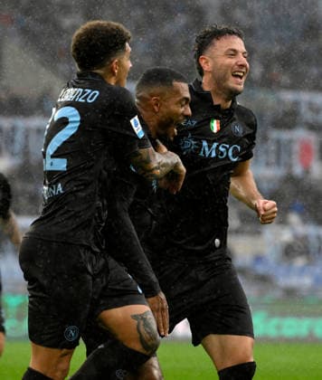 (260104) -- ROME, Jan. 4, 2026 -- Napoli s Amir Rrahmani (R) celebrates his goal with his teammates during a Serie A football match between Lazio and Napoli in Rome, Italy, Jan. 4, 2026. (Photo by Xinhua) (SP)ITALY-ROME-FOOTBALL-SERIE A- LAZIO VS NAPOLI AugustoxCasasoli 