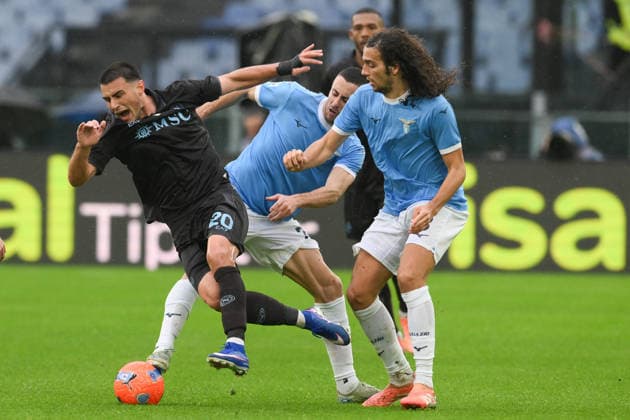 4th January 2026, Stadio Olimpico, Rome, Italy; Italian Serie A Football; Lazio versus Napoli; Eljif Elmas of SSC Napoli under pressure from Adam Marusic of SS Lazio  AllShotLive