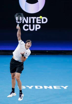 (260105) -- SYDNEY, Jan. 5, 2026 -- Alexander Zverev of Germany serves during the men s singles match against Hubert Hurkacz of Poland in the Group F round robin match between Poland and Germany at the 2026 United Cup tennis tournament in Sydney, Australia, Jan. 5, 2026. ) (SP)AUSTRALIA-SYDNEY-TENNIS-UNITED CUP-GER VS POL MaxPing 
