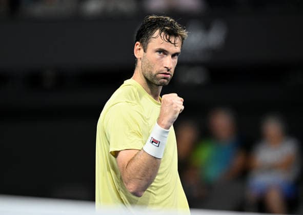 TENNIS BRISBANE INTERNATIONAL, Quentin Halys of France celebrates winning against Alexei Popyrin of Australia during day two of the Brisbane International tennis tournament at Pat Rafter Arena in Brisbane, Monday, January 5, 2026. ( NO ARCHIVING, EDITORIAL USE ONLY BRISBANE QUEENSLAND AUSTRALIA  Copyright: xDARRENxENGLANDx 20260105150334551949
