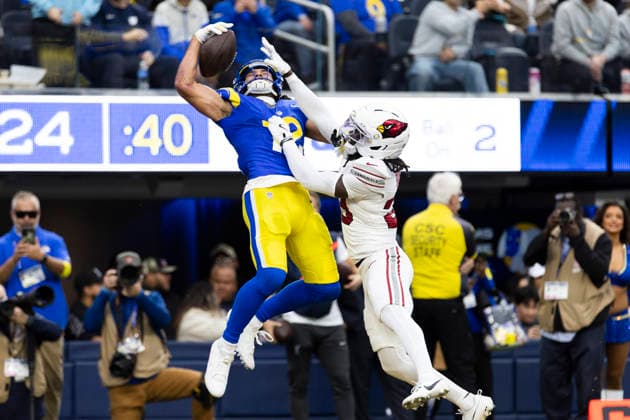 January 4, 2026, Los Angeles, California, United States: Los Angeles Rams wide receiver Puka Nacua (12) catches a touchdown pass against Arizona Cardinals cornerback Denzel Burke (29) during an NFL, American Football Herren, USA football game at SoFi Stadium, in Inglewood, Calif. LA Rams 37:20 Arizona Cardinals. Los Angeles United States - ZUMAs197 20260104_aaa_s197_481 Copyright: xRingoxChiux