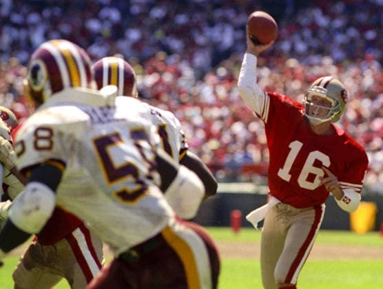 September 16, 1990 - San Francisco, California, U.S - San Francisco 49ers vs Washington Redskins at Candlestick Park Sunday, September 16, 1990. 49ers beat Redskins 26-13. 49er quarterback Joe Montana (16) passes over defenders. Copyright: xAlxGolubx