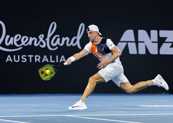 January 5, 2026, Brisbane, Qld, Australia: MARTON FUCSOVICS of Hungary plays a forehand during his MenÃ¢â‚¬â ¢s Singles round one match against DANIIL MEDVEDEV of Russia at the Brisbane International. Brisbane Australia - ZUMAt173 20260105_zsp_t173_056 Copyright: xStephanexThomasx