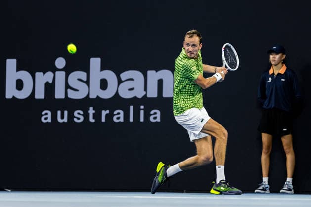 January 5, 2026, Brisbane, Qld, Australia: DANIIL MEDVEDEV of Russia plays a backhand during his MenÃ¢â‚¬â ¢s Singles round one match against MARTON FUCSOVICS of Hungary at the Brisbane International. Brisbane Australia - ZUMAt173 20260105_zsp_t173_057 Copyright: xStephanexThomasx