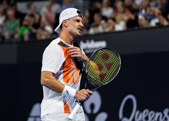 January 5, 2026, Brisbane, Qld, Australia: MARTON FUCSOVICS of Hungary reacts during his MenÃ¢â‚¬â ¢s Singles round one match against DANIIL MEDVEDEV of Russia at the Brisbane International. Brisbane Australia - ZUMAt173 20260105_zsp_t173_064 Copyright: xStephanexThomasx