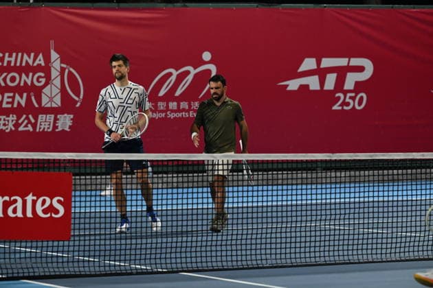 RECORD DATE NOT STATED Hong Kong Tennis Open - Day 2 A Dutch tennis player Sander Arends(L) and a Monaco tennis player Romain Arneodo, during a match at the Hong Kong Tennis Open(ATP250) on January 5, 2026 in Hong Kong. (Photo by Kobe Li Nexpher Images) Hong Kong
