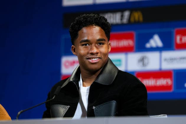 Endrick (Olympique Lyonnais 9) smiles during the press conference, PK, Pressekonferenz presented by Olympique Lyonnais in Lyon, France. Copyright: xPaulinexFIGUETx xSPPx Sportspressphoto_SPR78882