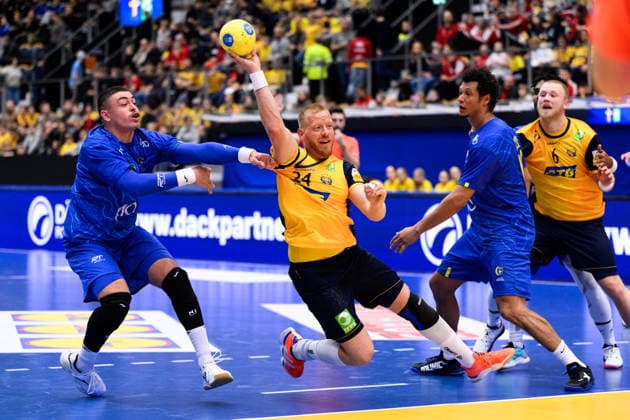 260105 Jim Gottfridsson of Sweden during the international friendly between Sweden and Brazil on January 5, 2026 in Jönköping Photo Carl Sandin BILDBYRAN code CS CS0829 handball handboll handball international friendly sverige sweden brasilien bbeng  Copyright: CARLxSANDIN BB260105CS011