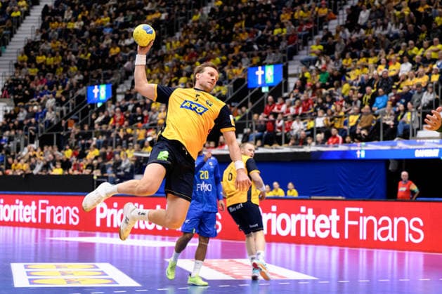 260105 Max Darj of Sweden during the international friendly between Sweden and Brazil on January 5, 2026 in Jönköping Photo Carl Sandin BILDBYRAN code CS CS0829 handball handboll handball international friendly sverige sweden brasilien bbeng  Copyright: CARLxSANDIN BB260105CS051